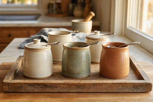 Ceramic Spice Pots With Serving Spoons Wooden Tray Kitchen Condiment Container