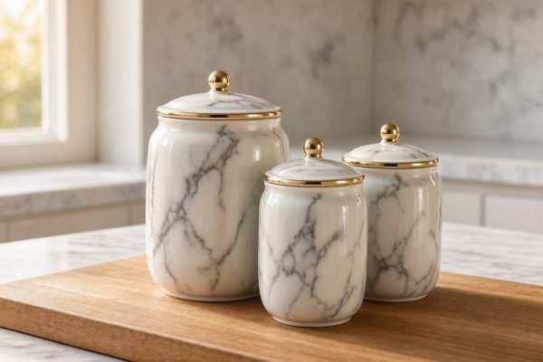 Marble Pattern Ceramic Condiment Jars Luxury Spice Storage Pots Gold Trim Detailing