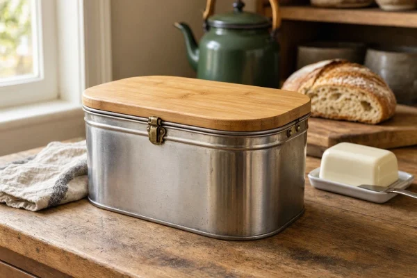 Vintage Steel Bread Bin With Bamboo Lid Kitchen Food Storage Container