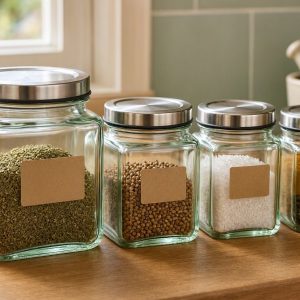 Square Glass Food Canisters With Airtight Screw Lids Kitchen Spice Herb Storage Jars