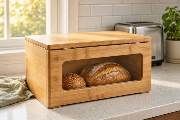 8 Countertop Bamboo Bread Box Kitchen Food Organizer Bin With Window Front