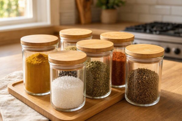 Clear Glass Spice Jars With Airtight Bamboo Lids Kitchen Seasoning Container Set