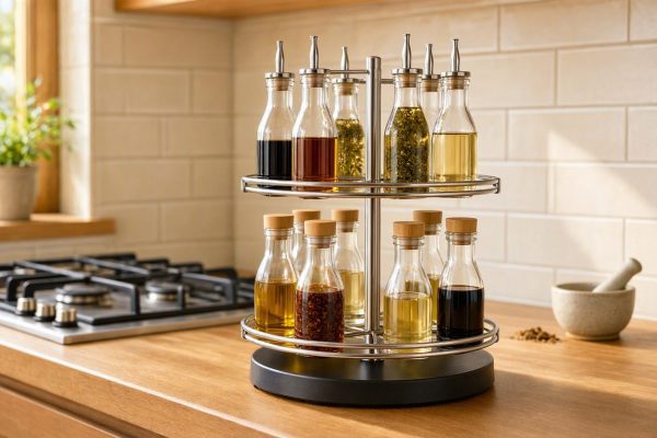 Rotatable Spice Rack Organizer With Glass Cruet Bottles Kitchen Condiment Holder