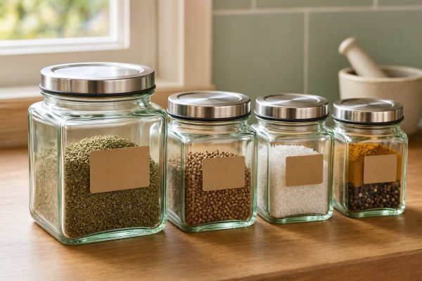 Square Glass Food Canisters With Airtight Screw Lids Kitchen Spice Herb Storage Jars