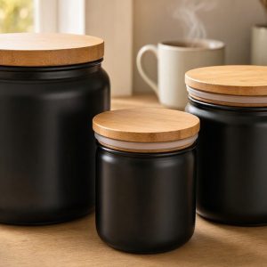 Opaque Black Glass Food Storage Jars With Airtight Bamboo Lids Light Proof Canisters