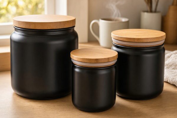 Opaque Black Glass Food Storage Jars With Airtight Bamboo Lids Light Proof Canisters