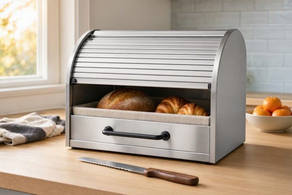 Roll Top Metal Bread Box Kitchen Countertop Pastry Loaf Storage Holder