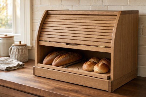 Double Layer Wooden Bread Box Large Capacity Kitchen Food Storage Corner